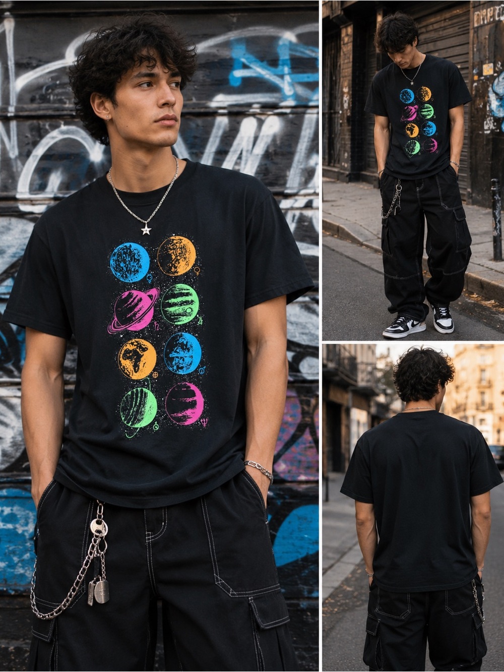 Gildan Neon Planet Graphic Tee Black Cosmic Space T-Shirt Size Large